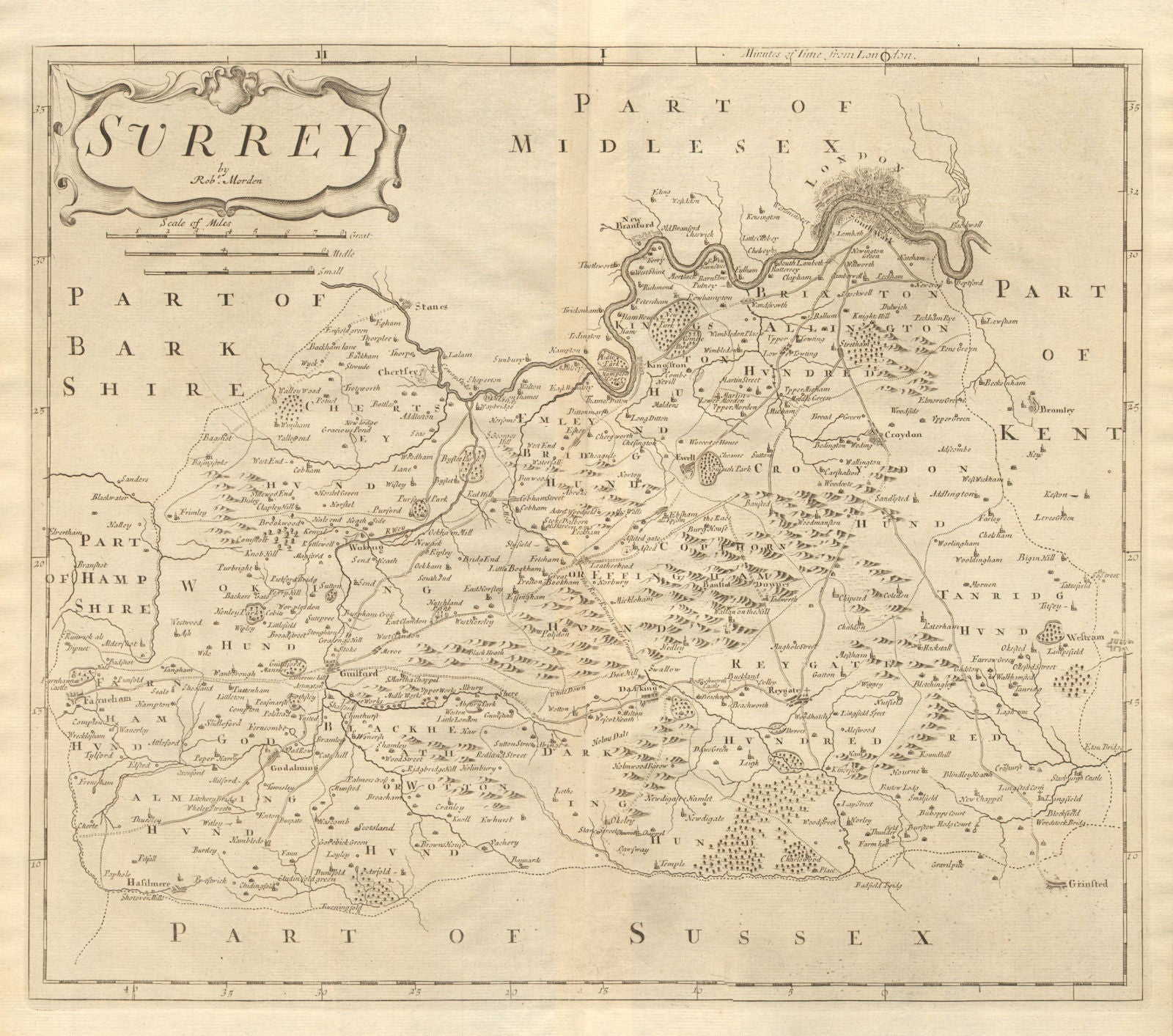 SURREY. by ROBERT MORDEN from Camden's Britannia 1772 old antique map chart
